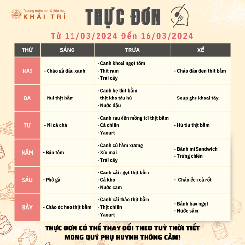 Thực Đơn Tuần Mới (Từ 11/03/2024 - 16/03/2024)